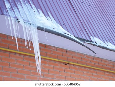 Broken Rain Gutters. Ice Dam. Closeup On New Broken Rain Gutter System Without Roof Protection Snow Guard On House Construction. Icicles Damage Roof And Gutter. Ice Damming. Ice Dams.