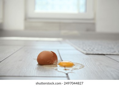 Broken raw egg and shell on light wooden floor indoors
