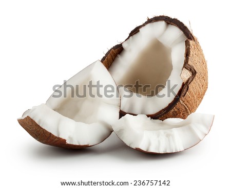 Broken raw ripe coconut isolated on white background