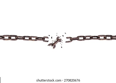 Broken rusty iron chain isolated on white background