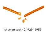 Broken salty cracker pretzel sticks stuffed with peanuts and crumbs isolated on white
