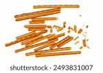 Broken salty cracker pretzel sticks stuffed with peanuts and crumbs isolated on white