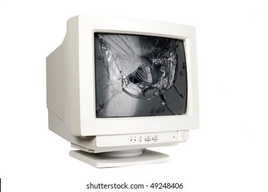 Broken Screen Of Retro Old White Computer