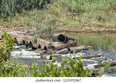 Broken Sewage Pipes Used To Redirect Water In The The Wilge River In The Vicinity Of Bronkhorstspruit East Of Pretoria South Africa