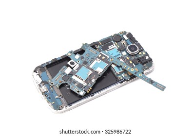 Broken Smart Phone , Mobile Phone Parts On White Background