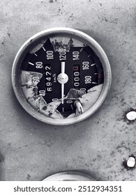 The broken speedometer on the engine creates an aesthetic and antique impression