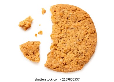 Broken Stem Ginger Biscuit With Crumbs Isolated On White. Top View.