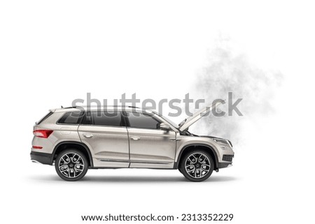 Broken SUV with an open hood and smoke coming from the engine isolated on white background