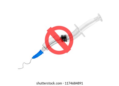 Broken Syringe Isolated On White Background. Stop Sign