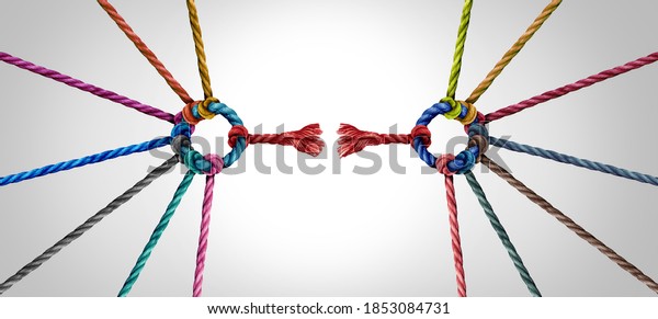 Broken\
team and divided Industry partnership and divided teamwork concept\
as a small business metaphor for breaking apart a big team as\
diverse ropes connected as a corporate\
symbol.