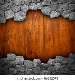 Broken Wall With Wood Background