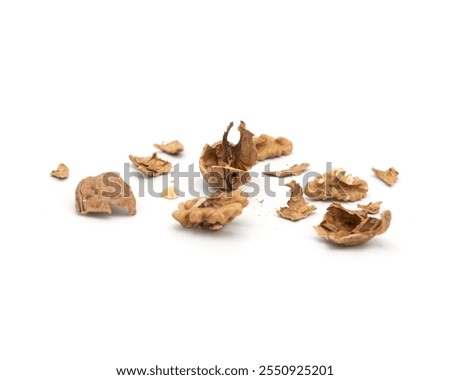 Broken walnut shells and kernels scattered on white background.