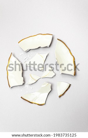 Broken wedding plate in circle shape in ivory color with gold edges against light gray background. Minimal creative party concept.