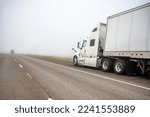 Broken white big rig industrial semi truck with loaded dry van semi trailer stands out of service on the side of a foggy road waiting for mobile roadside assistance for repair or towing