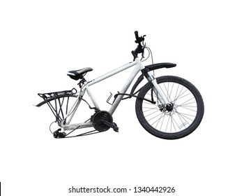 Broken White Bike Without Wheel Isolated On White Background. Wheeless Bike. Crash Bicycle