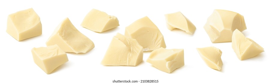 Broken white chocolate pieces isolated on white background. Set for package design. Elements with clipping path