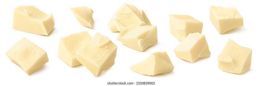 Broken white chocolate pieces isolated on white background. Package design set. Elements with clipping path - Shutterstock ID 2103839003