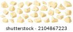 Broken white chocolate set isolated on white background. Pieces of irregular shape for package design. Elements with clipping path