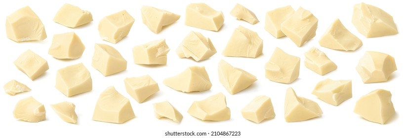 Broken white chocolate set isolated on white background. Pieces of irregular shape for package design. Elements with clipping path