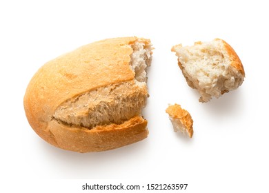 Broken White French Bread Roll Isolated On White. Top View.