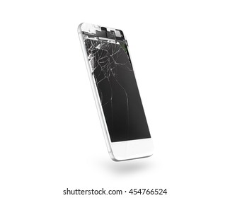 Broken white mobile phone screen, side view, isolated, clipping path. Smartphone display damage mockup. Cellphone crash and scratch, glass hit. Device destroy problem. Smashed gadget bad accident.