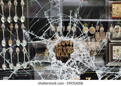 Broken Window After Jewelry Robbery