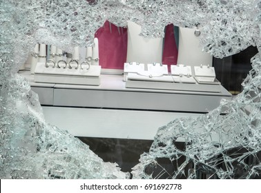 Broken Window After Jewelry Robbery.