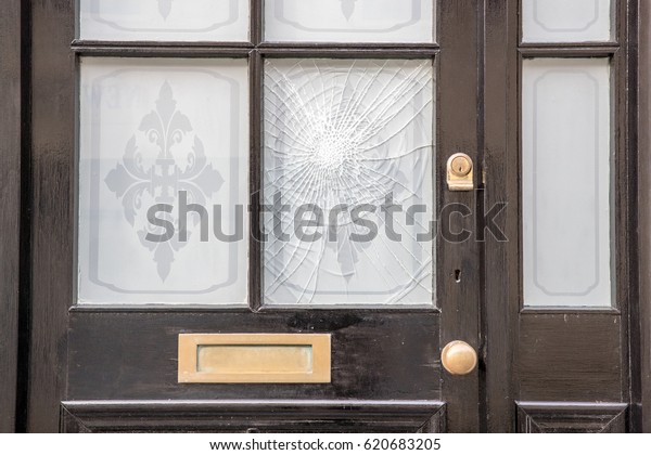 Broken Window On Front Door United Stock Photo Edit Now