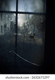 Broken window revealing a web and distant landscape in an abandoned setting at dusk