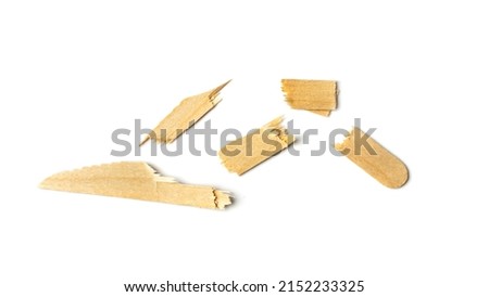 Broken wooden forks and knives isolated. Eco tableware, disposable cutlery, wood biodegradable fork, knife, bamboo table setting for picnic, recycle reusable utensil on white background top view