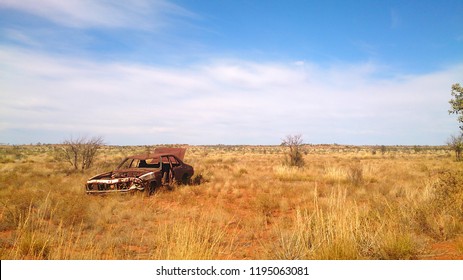 Broken Wreck Car In The Australian Outback. Desert In Flinders Ranges.