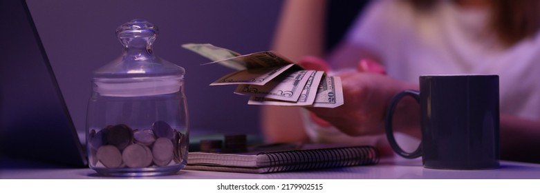 Broken Young Woman Counting Cash Money, Glass Container With Coins On Desk