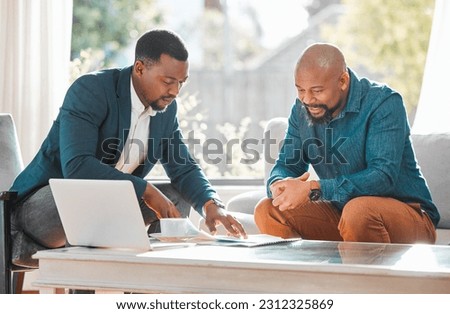 Broker, contract and talking to man in a house for meeting or consultation for advice. Financial advisor with a client or black person for investment, savings or budget and insurance plan on paper