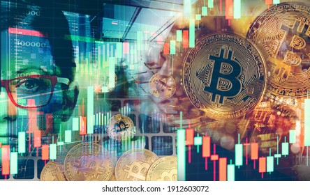 Broker Predicts An Increase In Bitcoin Prices. Good Investment In Cryptocurrencies. Cryptocurrencies As The Payment Future. Dual Exposure Of Bitcoin Coins And Stock Charts. 