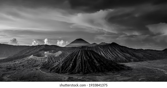 Bromo mountain view from the top of the hill . Mount Bromo in Bromo Tengger Semeru National Park, is an active volcano and part of the Tengger massif, in East Java, Indonesia. black and white photo.