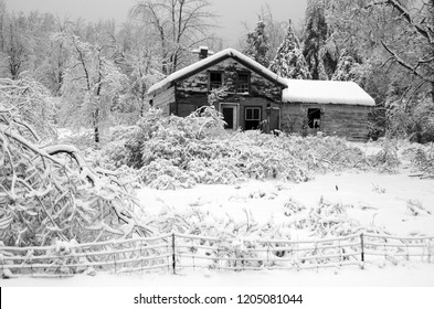 BROMONT QUEBEC CANADA 01 14 2014: Winter Landscape With And Old House After An Ice Storm  Eastern Townships Quebec Canada 