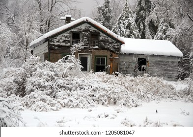 BROMONT QUEBEC CANADA 01 14 2014: Winter Landscape With And Old House After An Ice Storm  Eastern Townships Quebec Canada 