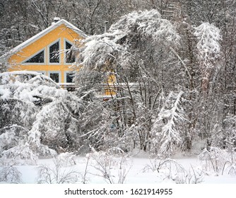 BROMONT QUEBEC CANADA 01 14 2020: Winter Landscape With And Old House After An Ice Storm  Eastern Townships Quebec Canada 