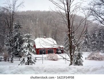 BROMONT QUEBEC CANADA 01 14 2020: Winter Landscape With And Old House After An Ice Storm  Eastern Townships Quebec Canada 