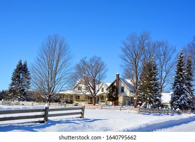 BROMONT QUEBEC CANADA 01 14 2020: Winter Landscape With And Old House After An Ice Storm  Eastern Townships Quebec Canada 