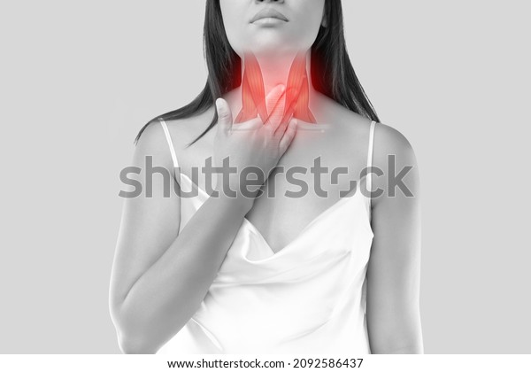 Bronchitis symptoms.\
Illustration of bronchial or windpipe on a woman\'s body, Concept\
with healthcare and medicine. Women suffer from neck pain due to\
inflamed throat\
muscles.