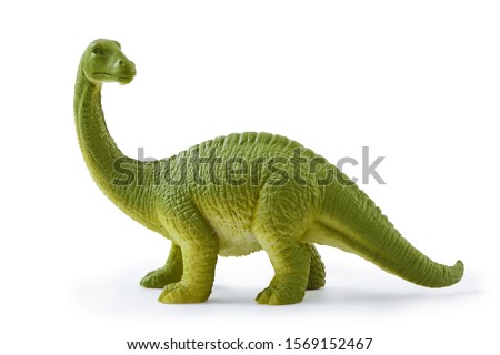 Brontosaurus toy. Isolated on white background with natural shadow. Brontosaur plaything on white bg. 
