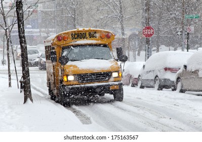 BRONX, NEW YORK - JANUARY 21: School Bus During A 6 To 10 Inch Snow Storm With Teen Temperatures Along Ogden Avenue And 162nd Street.  Taken January  21,  2014 In The Bronx,  New York.