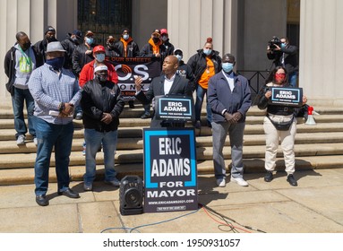 Bronx, New York USA April 6, 2021 Eric Adams Outside The Bronx Courthouse Announces His Plan To Reduce Crime As Violent Crimes Have Skyrocketed In NYC This Year. 
