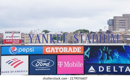 Bronx, New York, USA - June 12, 2022: View Of The Outfield Scoreboard And Jumbotron At Yankee Stadium