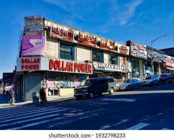 Bronx, New York, USA - March 9, 2021: Businesses On 170th Street In The Highbridge Neighborhood