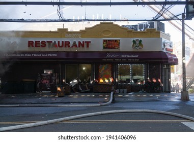 Bronx, New York USA March 22, 2021 NYC Firefighters Battled A 4 Alarm Fire In A Bronx Restaurant. Two Firefighters Suffered Minor Injuries.  