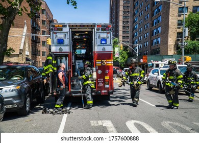Bronx, New York/USA June 16, 2020 Fire Fighters Battle A 2 Alarm Blaze On The 4th Floor Of A 6 Story Residential Multiple Dwelling Building. 