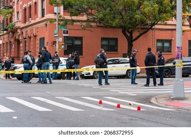 Bronx, NY USA November 2, 2021. Police Investigate The Scene Where A Robbery Suspect Opened Fire On Police In The Hunts Point Section Of The Bronx.  