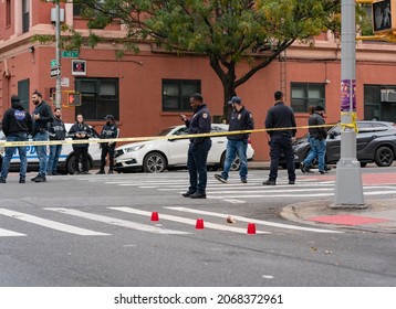 Bronx, NY USA November 2, 2021. Police Investigate The Scene Where A Robbery Suspect Opened Fire On Police In The Hunts Point Section Of The Bronx.  